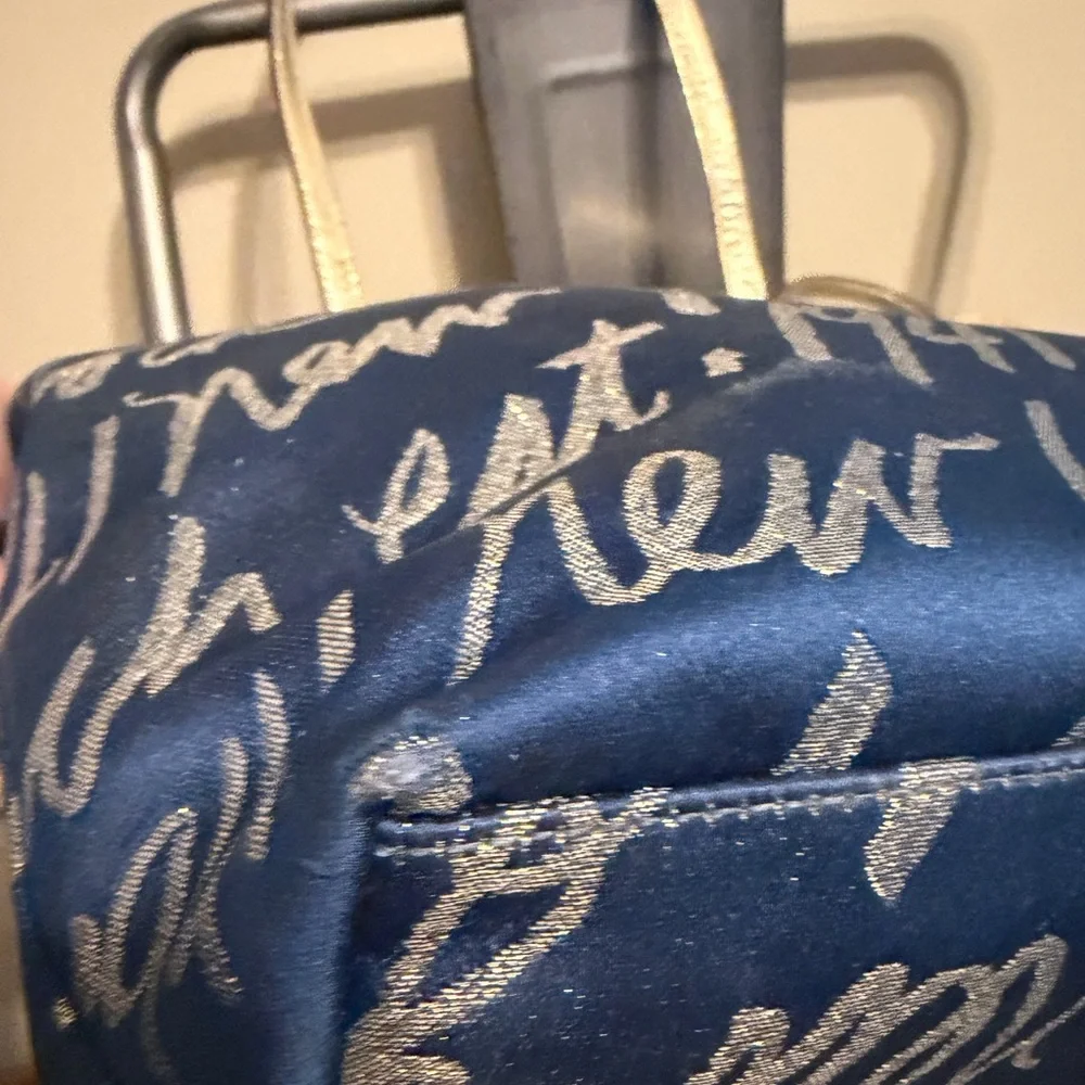 Coach Y2K Blue Gold Script Canvas Tote Shoulder Bag Hearts Charm Zip Top - Picture 8 of 16